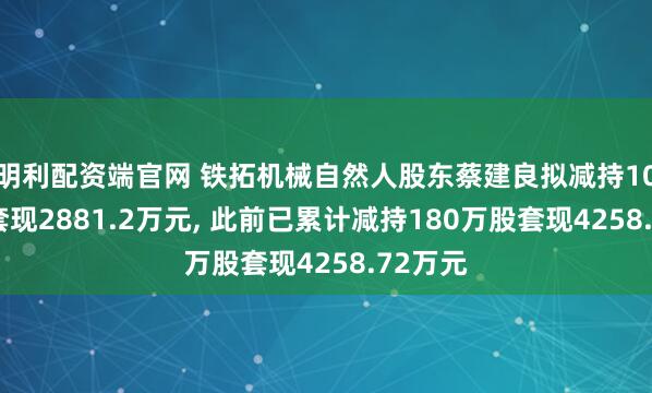 明利配资端官网 铁拓机械自然人股东蔡建良拟减持105万股套现2881.2万元, 此前已累计减持180万股套现4258.72万元